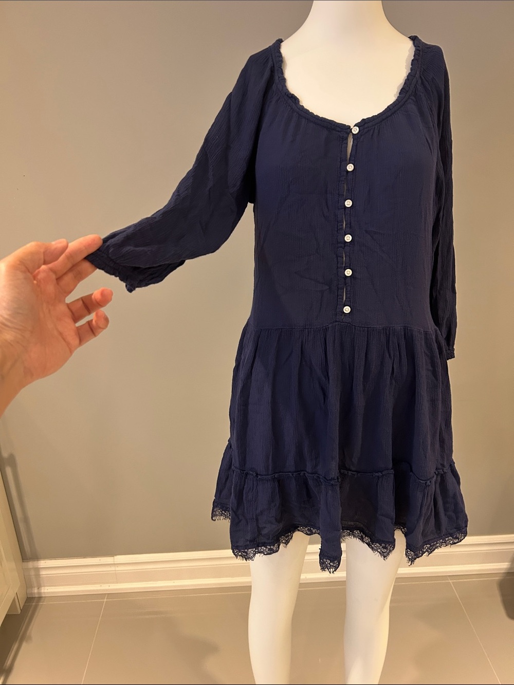 Navy Button-Front Peasant Dress